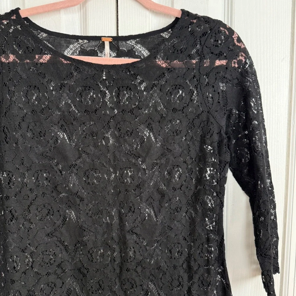 Free People Lace Mini Dress 2 Black Goth Whimsigoth Drop Waist Ruffle Sheer Boho